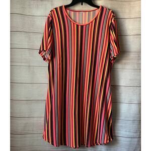 Bright Multi-Colored Striped Shift Dress Knee Length Neon Short Sleeve